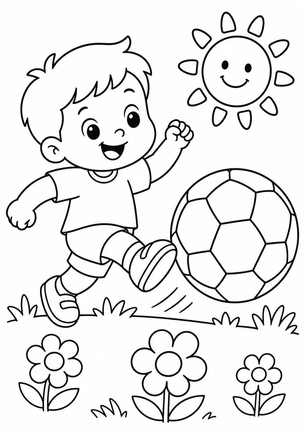 Kind tritt einen großen bunten Fußball auf einer sonnigen Wiese