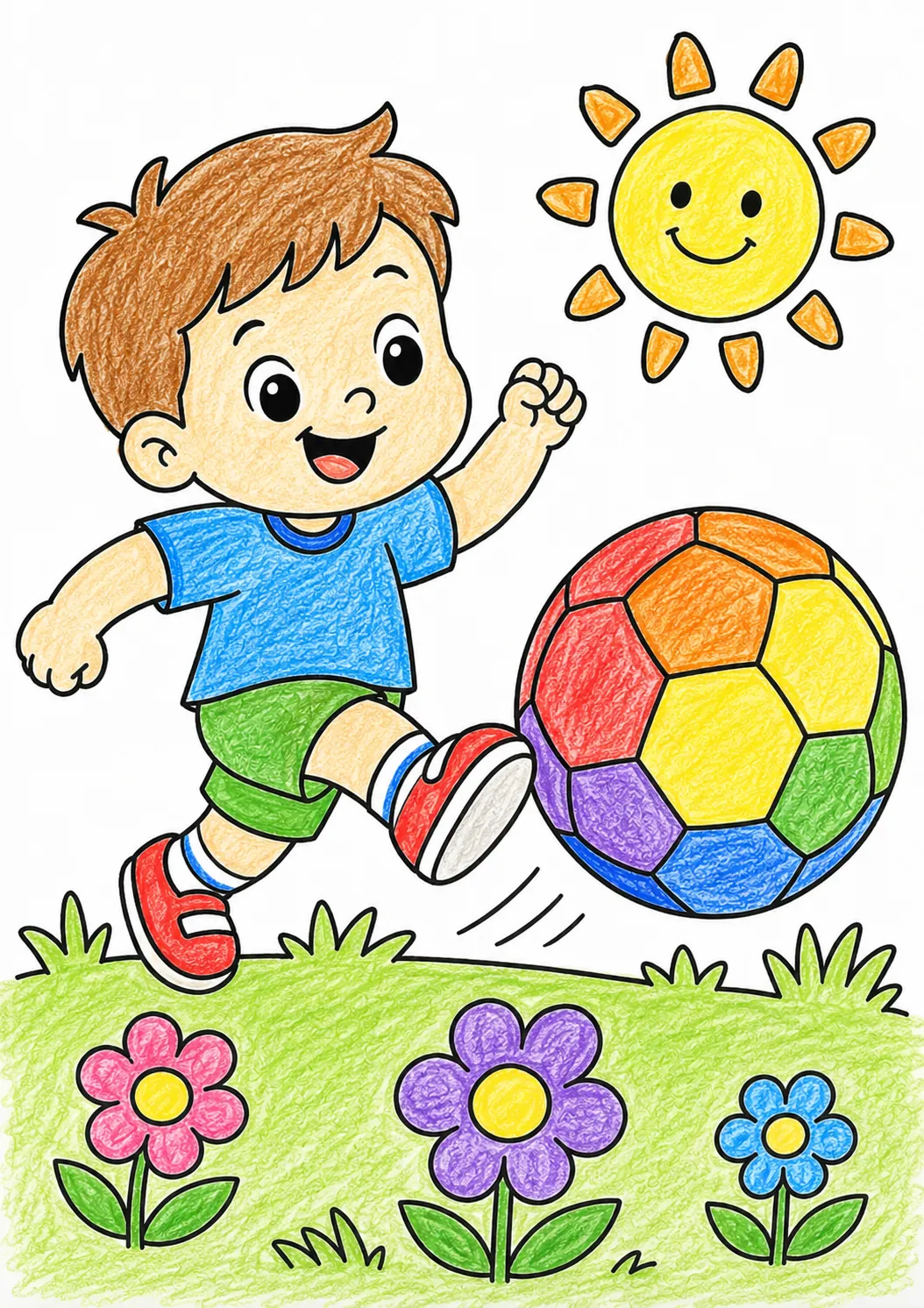 Kind spielt Fußball mit einem großen Regenbogenball