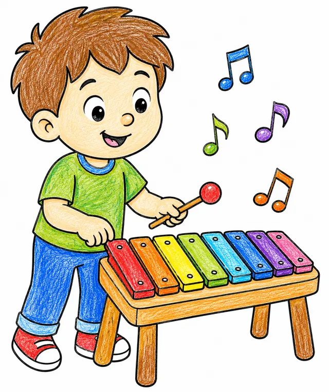 Ausmalbild: Kind schlägt mit Schlägel auf buntes Glockenspiel, Musiknoten steigen auf
