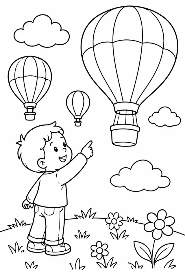 Kind schaut staunend Heißluftballons in den bunten Himmel