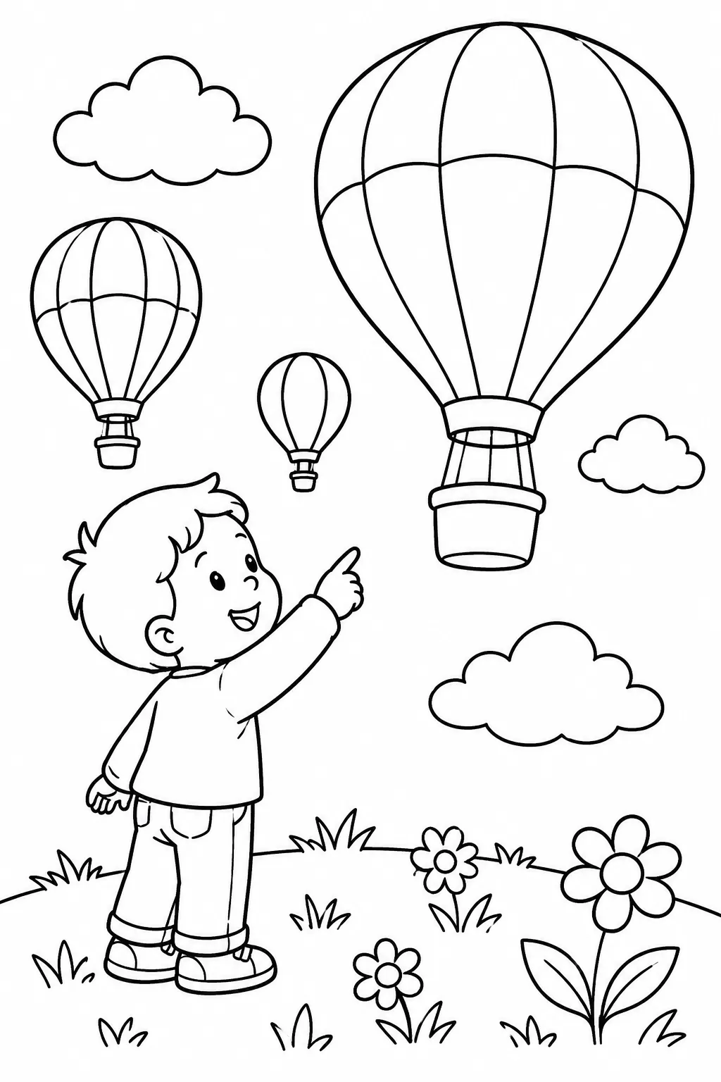 Kind auf Wiese zeigt aufgeregt auf bunte Heißluftballons im Himmel