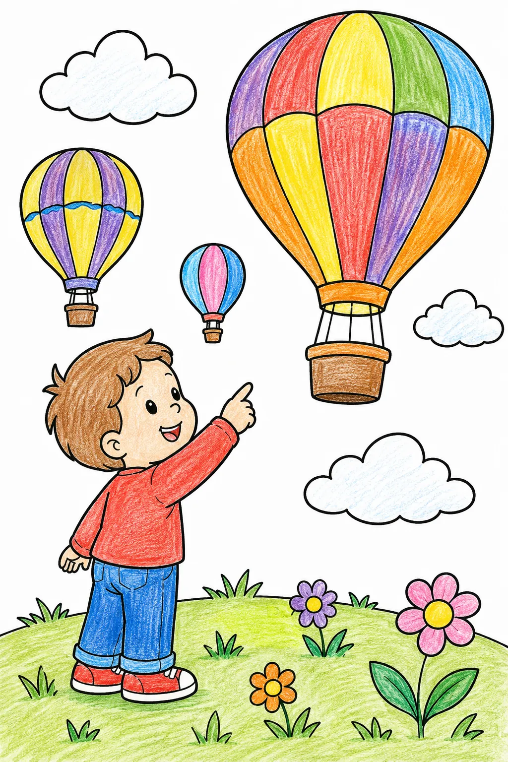 Kind schaut staunend Heißluftballons in den bunten Himmel