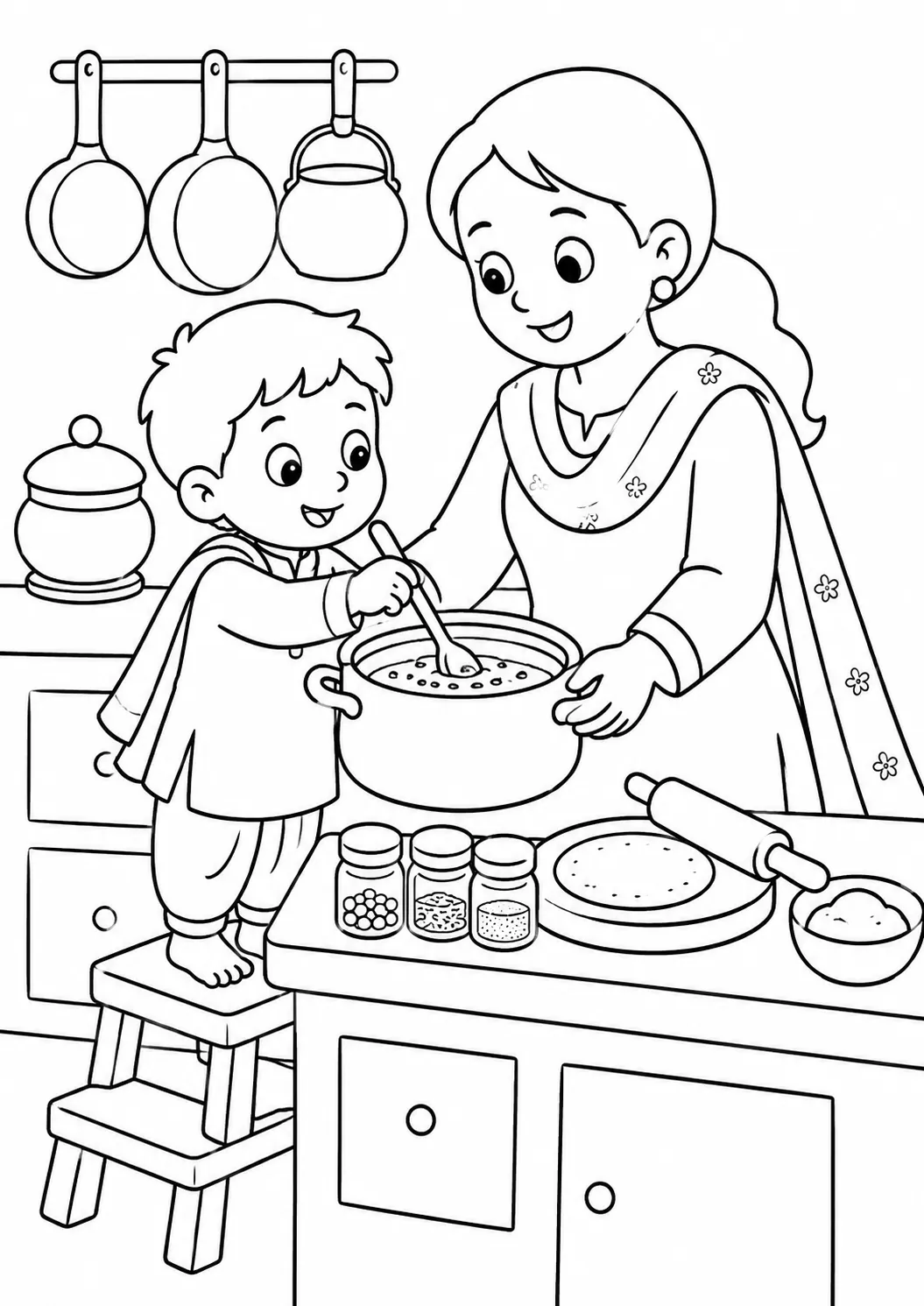 孩子站在凳子上在彩色印度厨房里帮母亲做饭