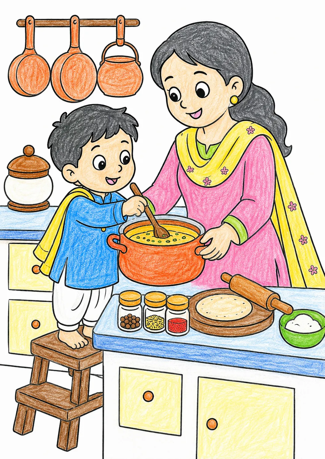 孩子在印度家庭厨房帮助妈妈做饭