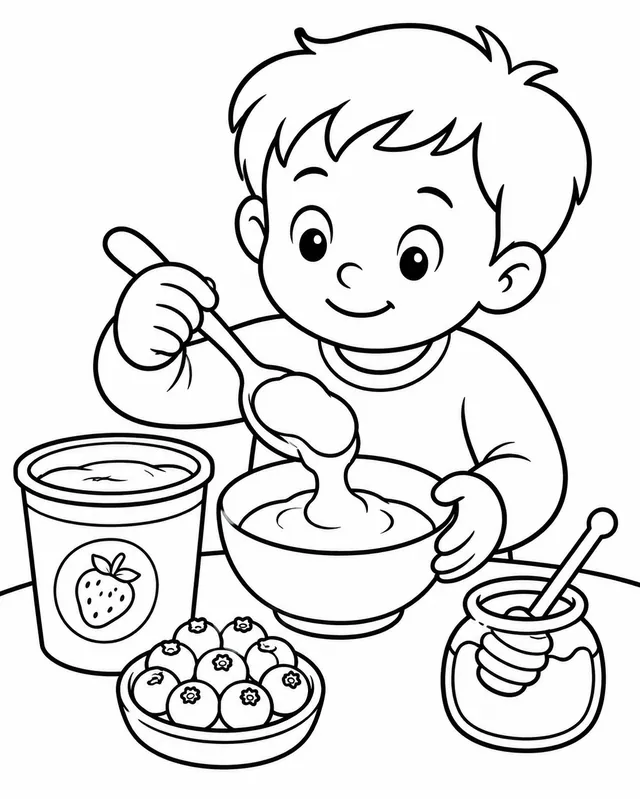 Kind schöpft Joghurt in Schüssel