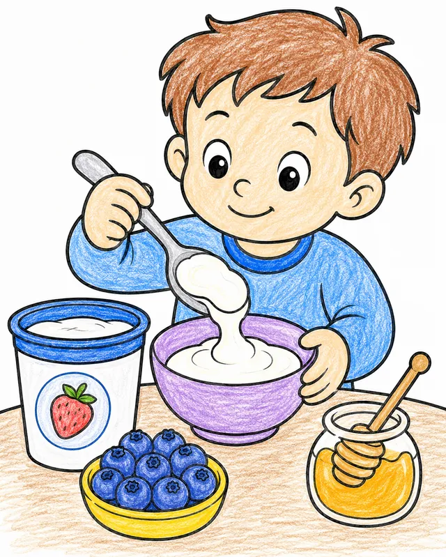 Ausmalseite: Kind schöpft dicken Joghurt in Schüssel, Blaubeeren und Honig daneben