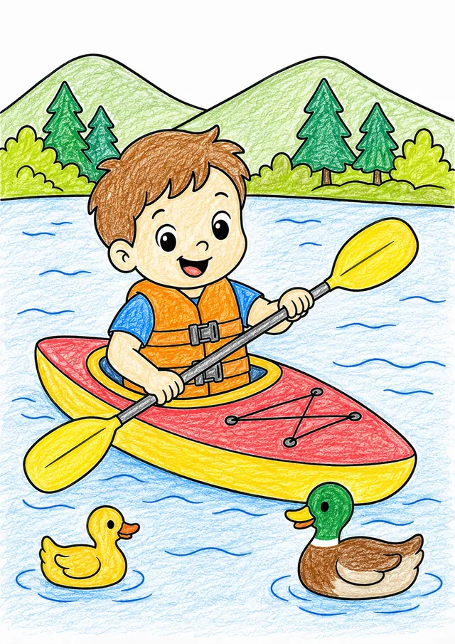 Kind mit Schwimmweste paddelt in buntem Kajak auf einem See mit Enten