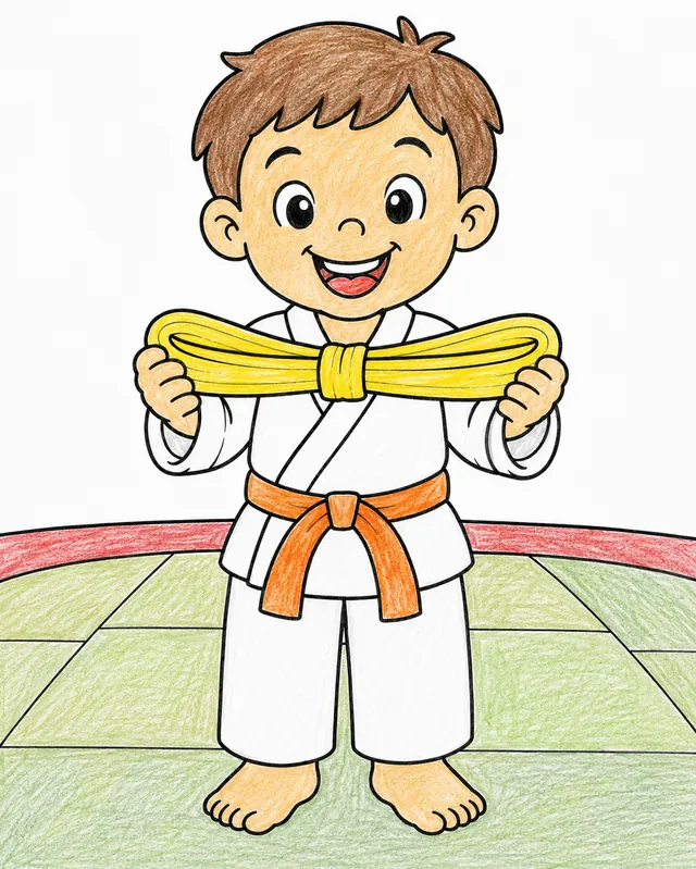 Kind im weißen Karate-Gi verbeugt sich lächelnd und hält neuen Gürtel hoch
