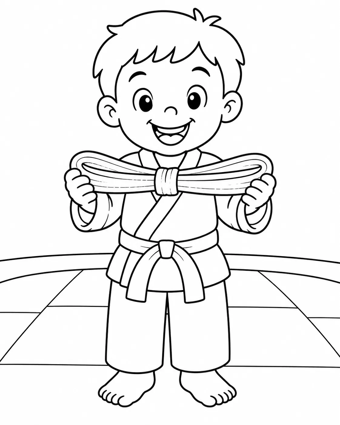 Kind im weißen Karate-Gi verbeugt sich lächelnd und hält neuen Gürtel hoch