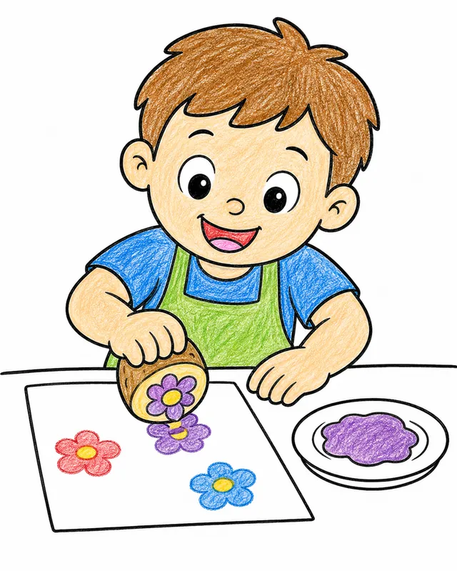 孩子用土豆印章印画 – 涂色效果预览
