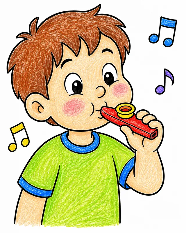 Ausmalbild: Kind mit aufgeblasenen Wangen spielt Kazoo, Musiknoten schweben umher