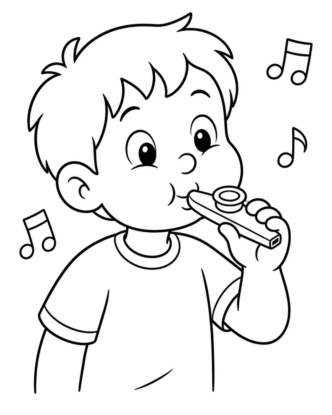Ausmalbild: Kind mit aufgeblasenen Wangen spielt Kazoo, Musiknoten schweben umher