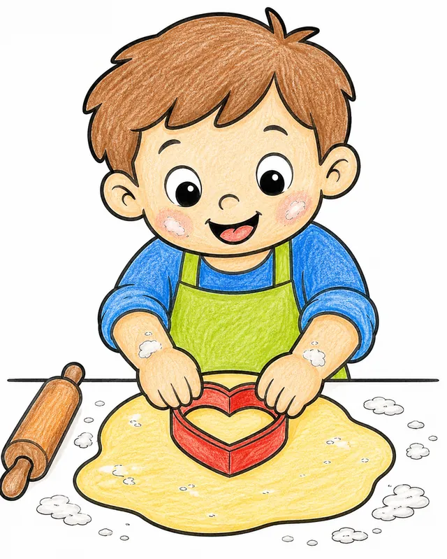 涂色模板：孩子将心形模具压入饼干面团