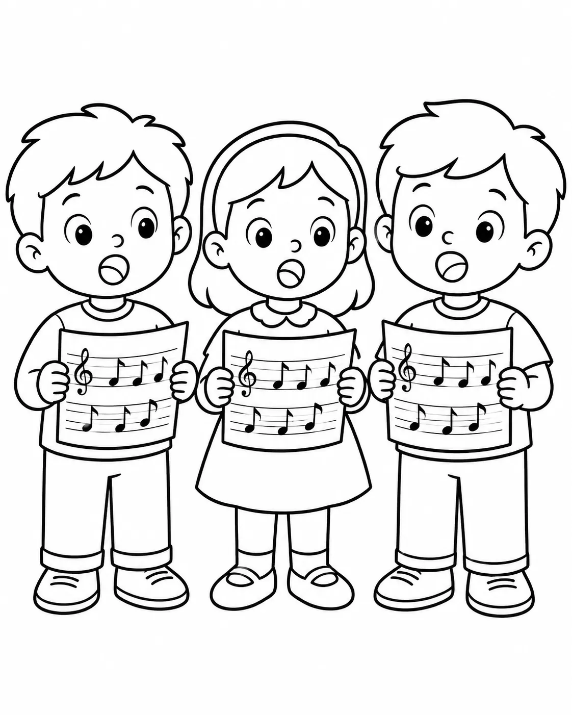 Coloring template: child singing with sheet music in a choir