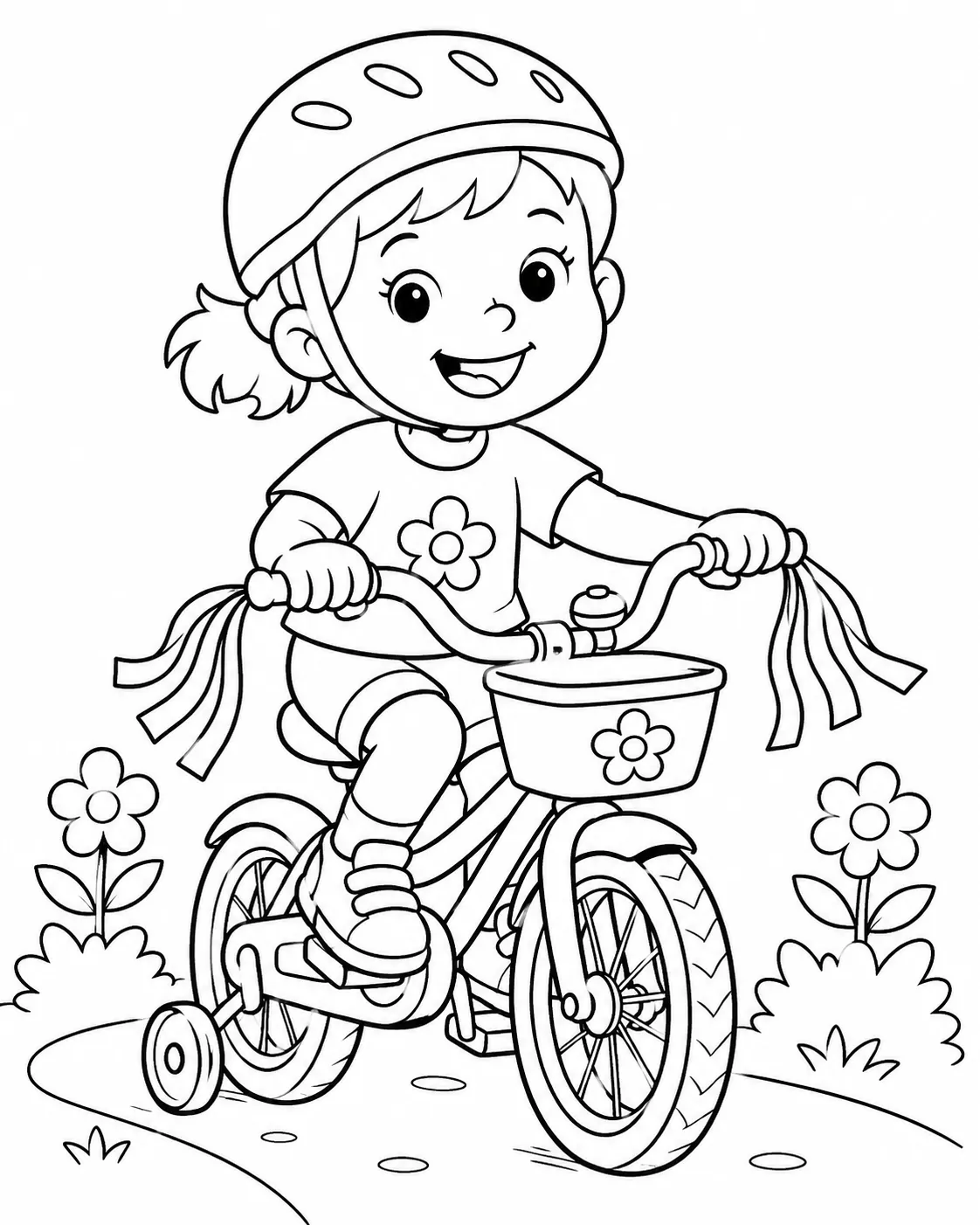 Kind fährt strahlendes Lächeln auf buntem Kinderfahrrad mit Stützrädern im Garten