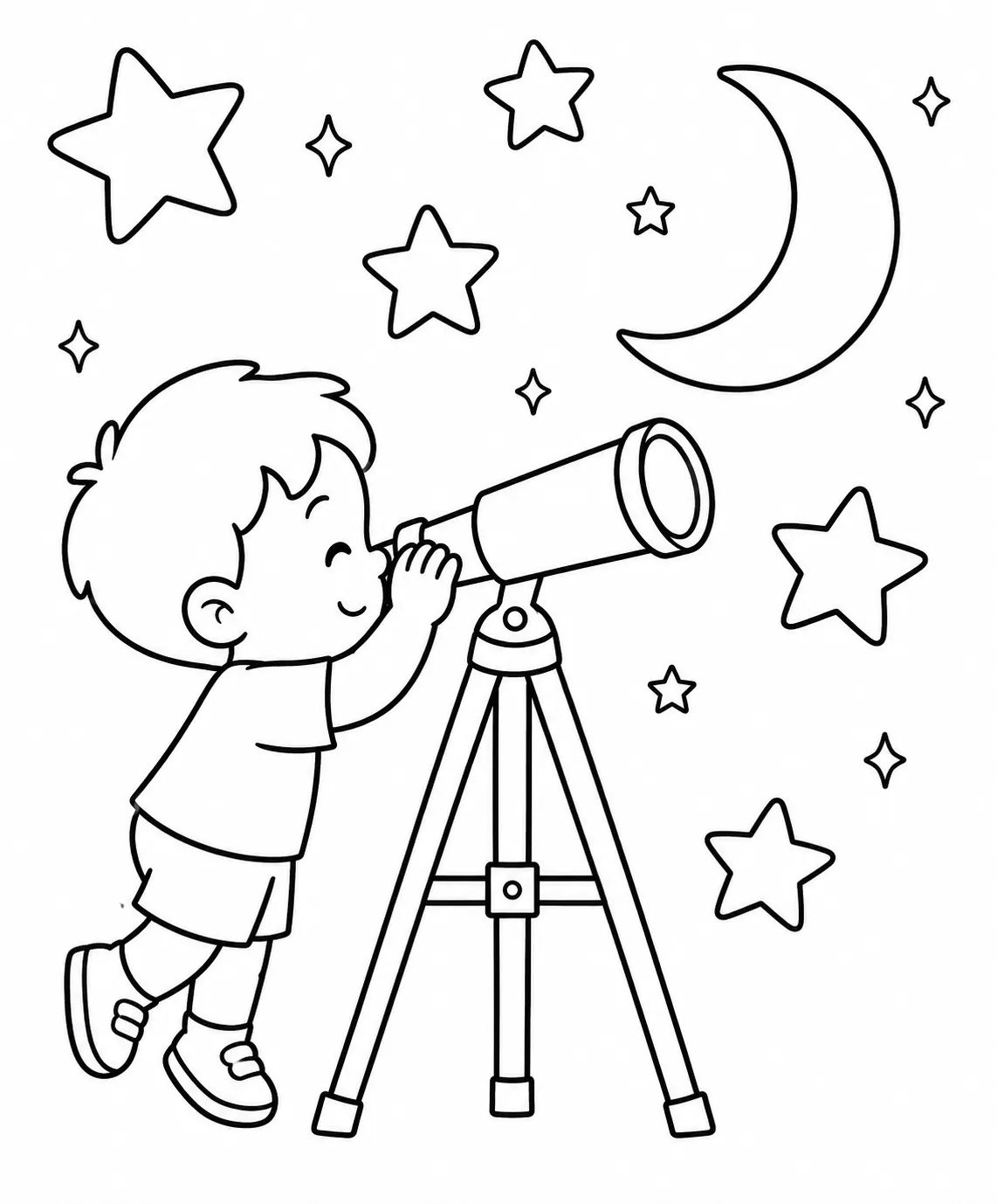 Ausmalseite: Kind schaut durch ein Kinderteleskop auf einem Stativ in den Sternenhimmel