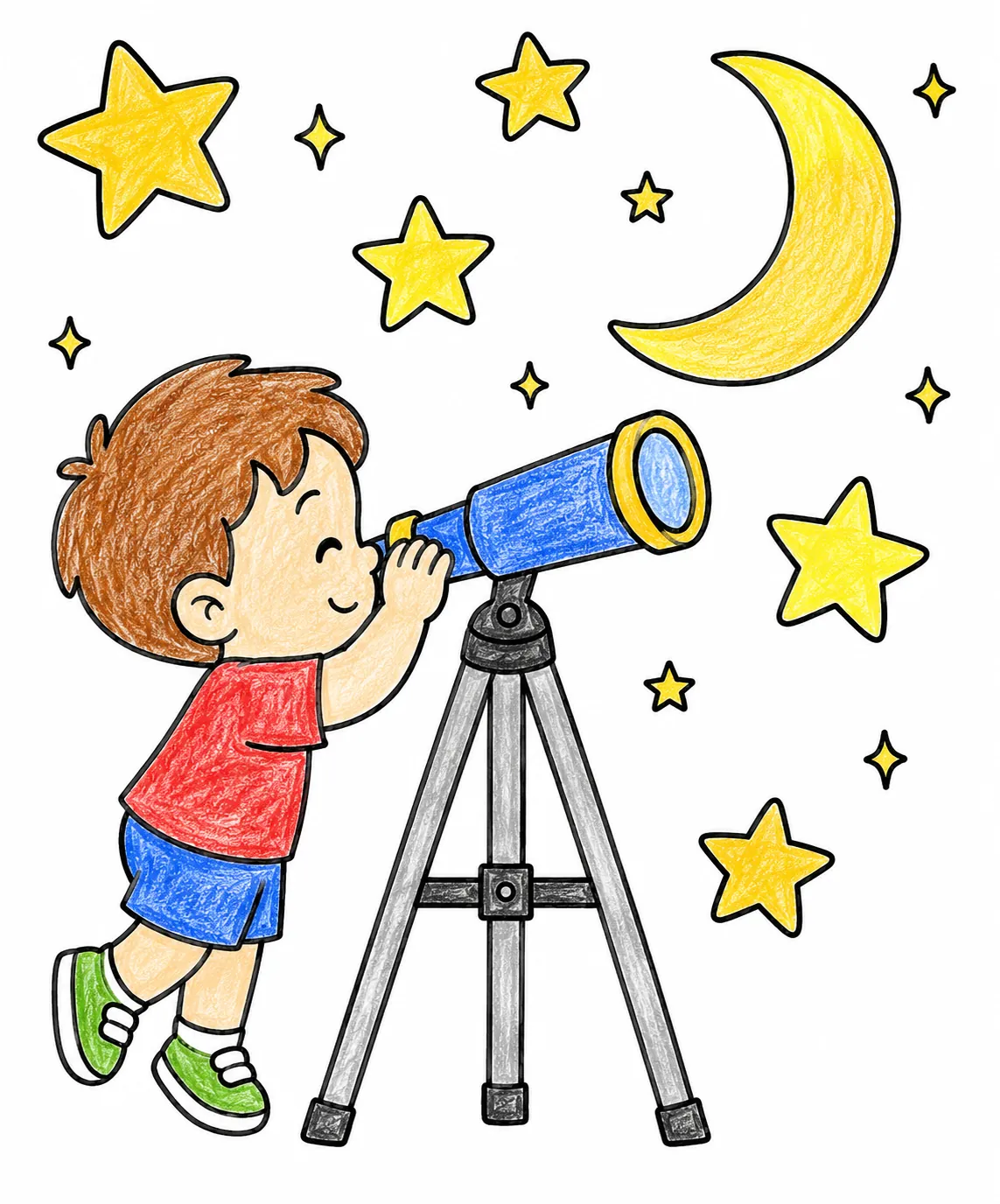 Kind schaut durch Kinderteleskop in den Sternenhimmel