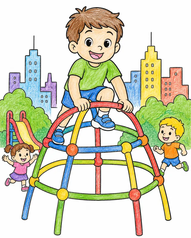 Kind grinst stolz oben auf buntem Klettergerüst auf Stadtspielplatz