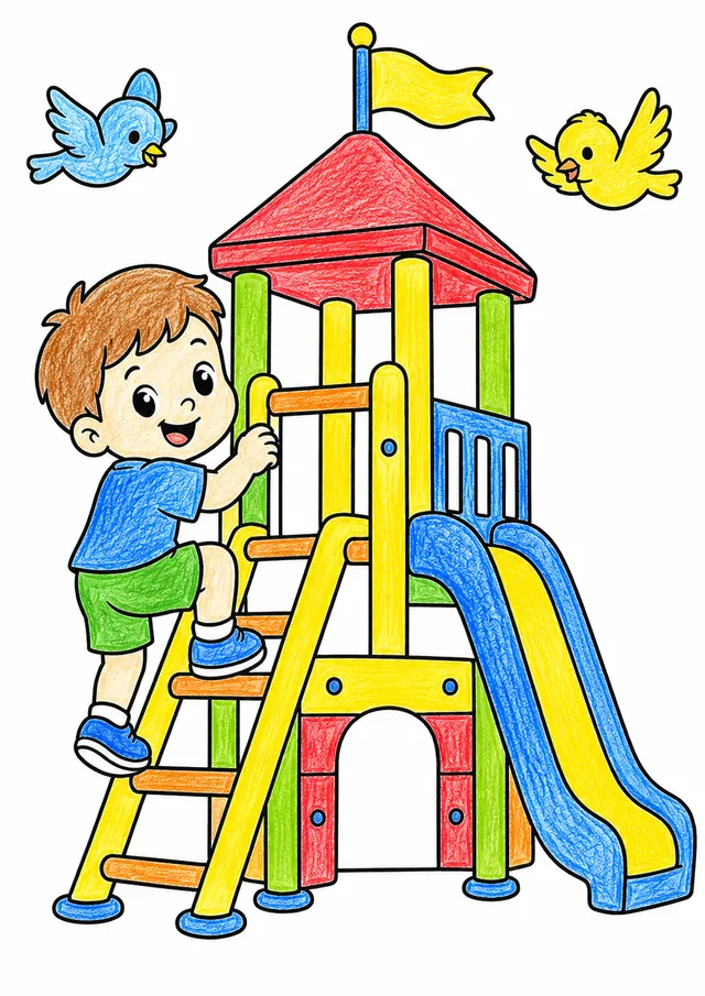 Kind klettert auf einen bunten Spielplatz-Kletterturm – So könnte es aussehen