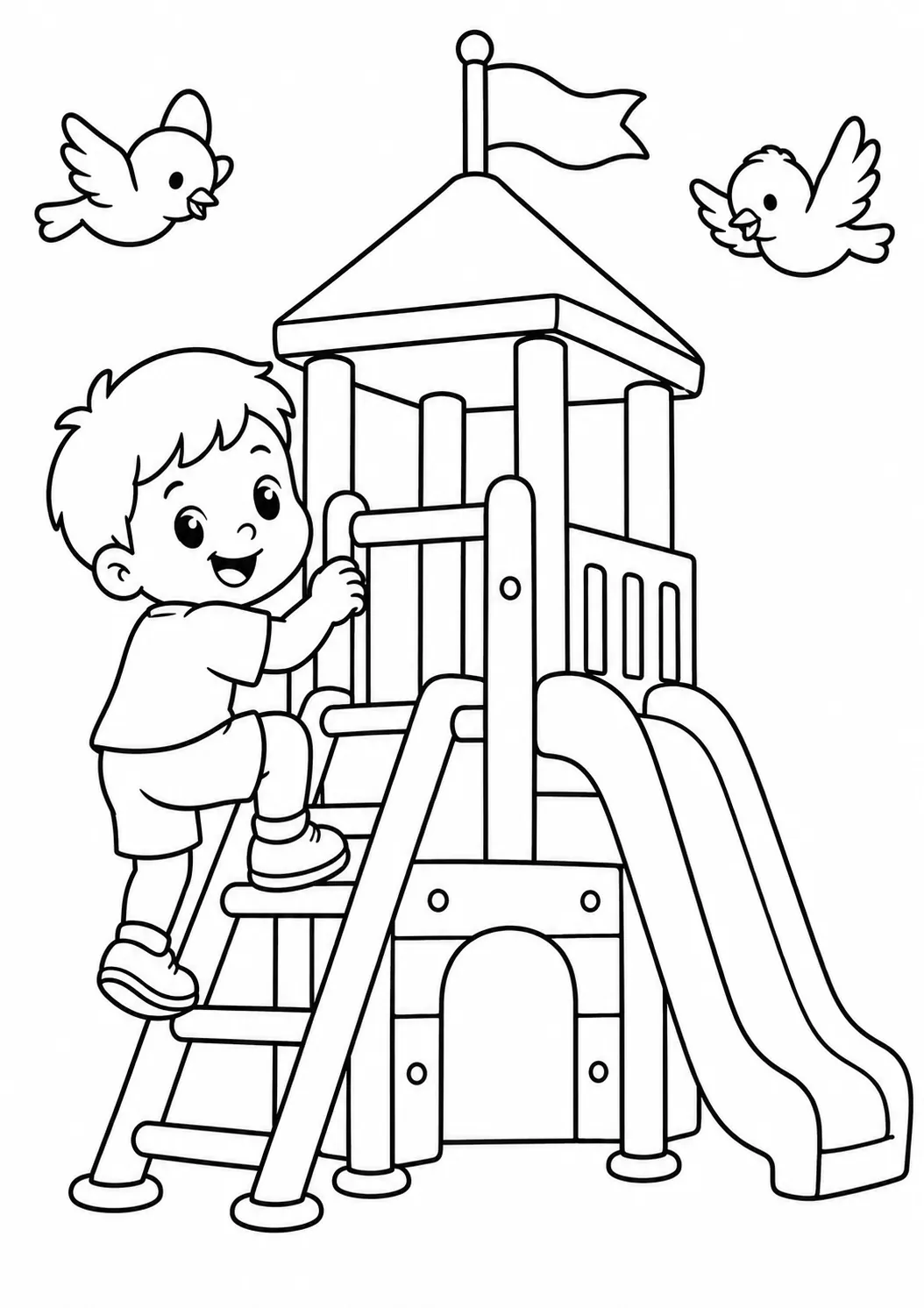 Kind klettert auf einen bunten Spielplatz-Kletterturm mit Fähnchen