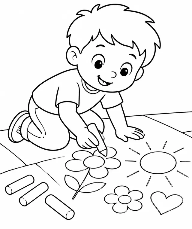 小孩在柏油路上用粉笔画彩色图画