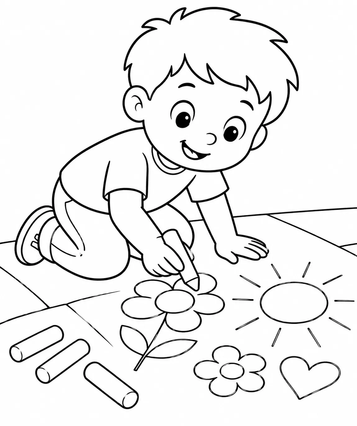 涂色页：孩子在阳光下的人行道上用粉笔画鲜艳的花朵和太阳
