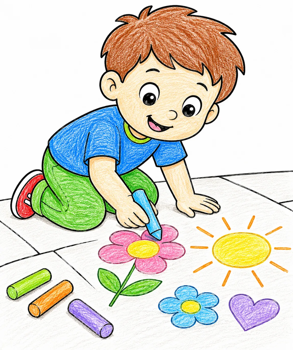 小孩在柏油路上用粉笔画彩色图画