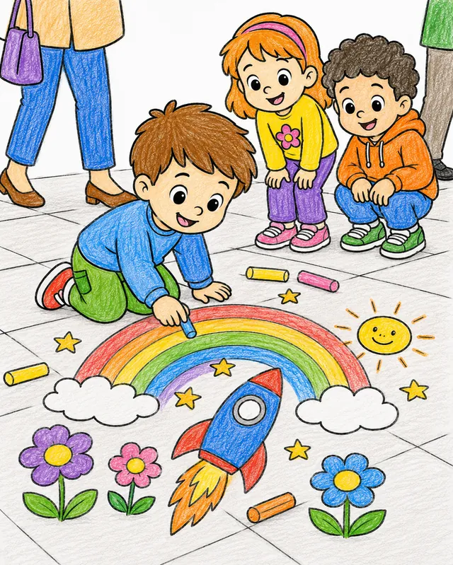 Kind kniet auf Gehweg und malt bunte Kreide-Regenbögen und Raketen auf den Bürgersteig