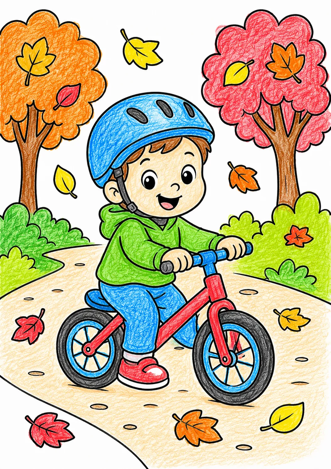 Kind fährt auf einem Laufrad durch herbstliches Laub