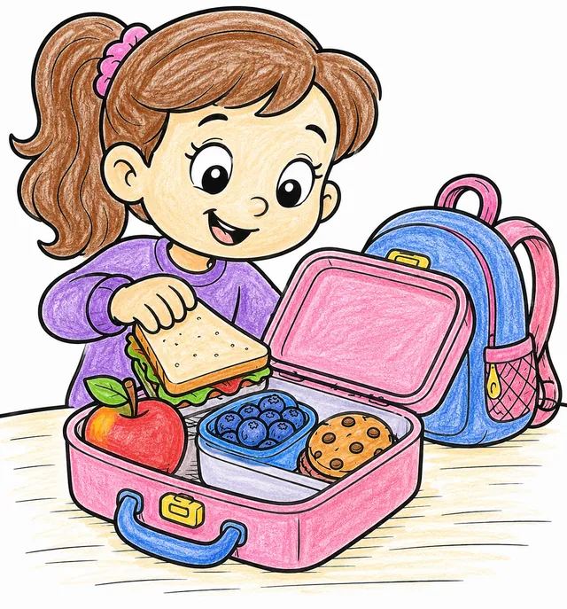Ausmalseite: Kind packt bunte Lunchbox mit Sandwich, Apfel, Beeren und Keks
