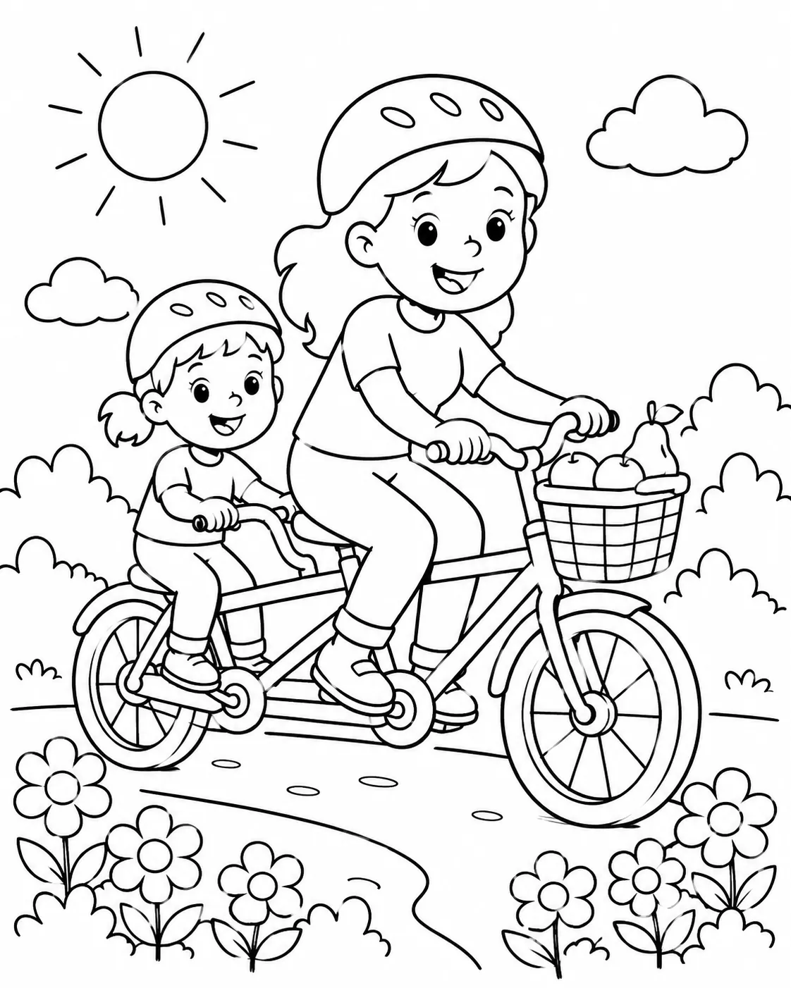 Mutter und Kind fahren lächelnd auf Tandemrad durch Blumen-Park