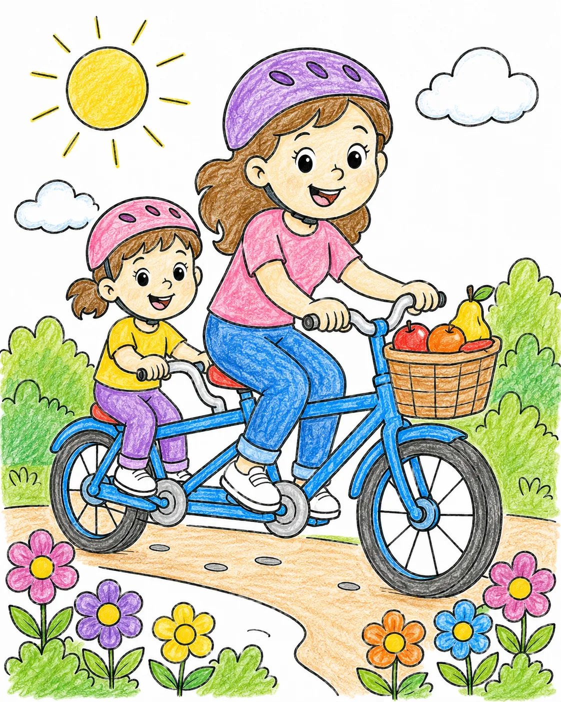 Kind und Mama fahren gemeinsam auf einem Tandemrad durch den Park