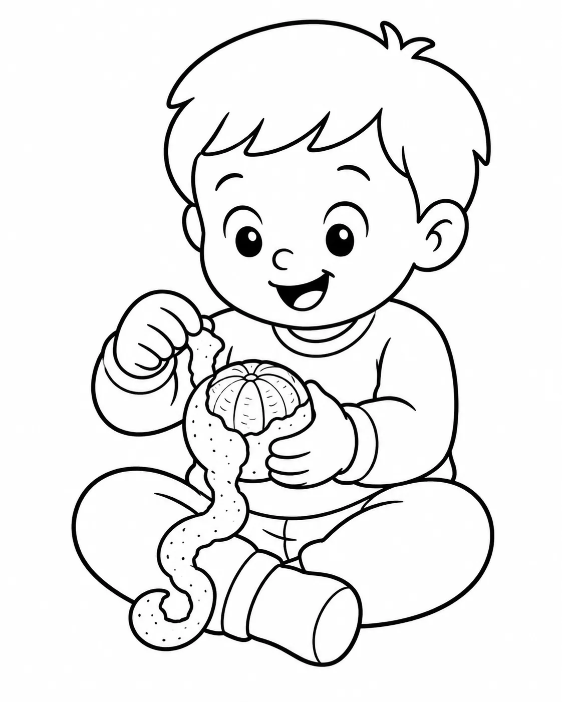 填色页：小孩坐着剥橘子