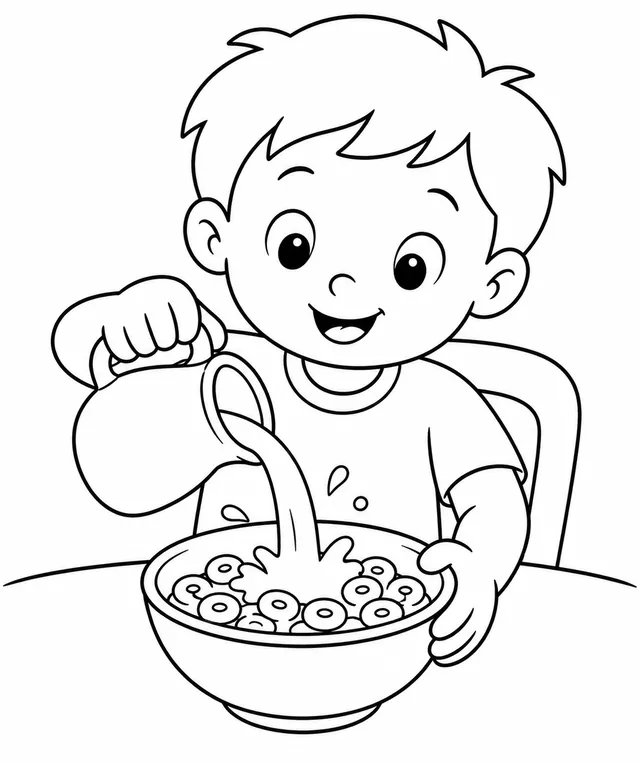 孩子将牛奶倒入麦片碗
