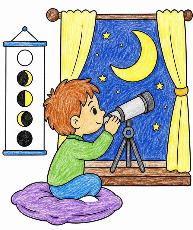 Ausmalseite: Kind schaut nachts am Fenster durch Kinderfernrohr auf Sichelmond, Mondphasen-Poster an der Wand