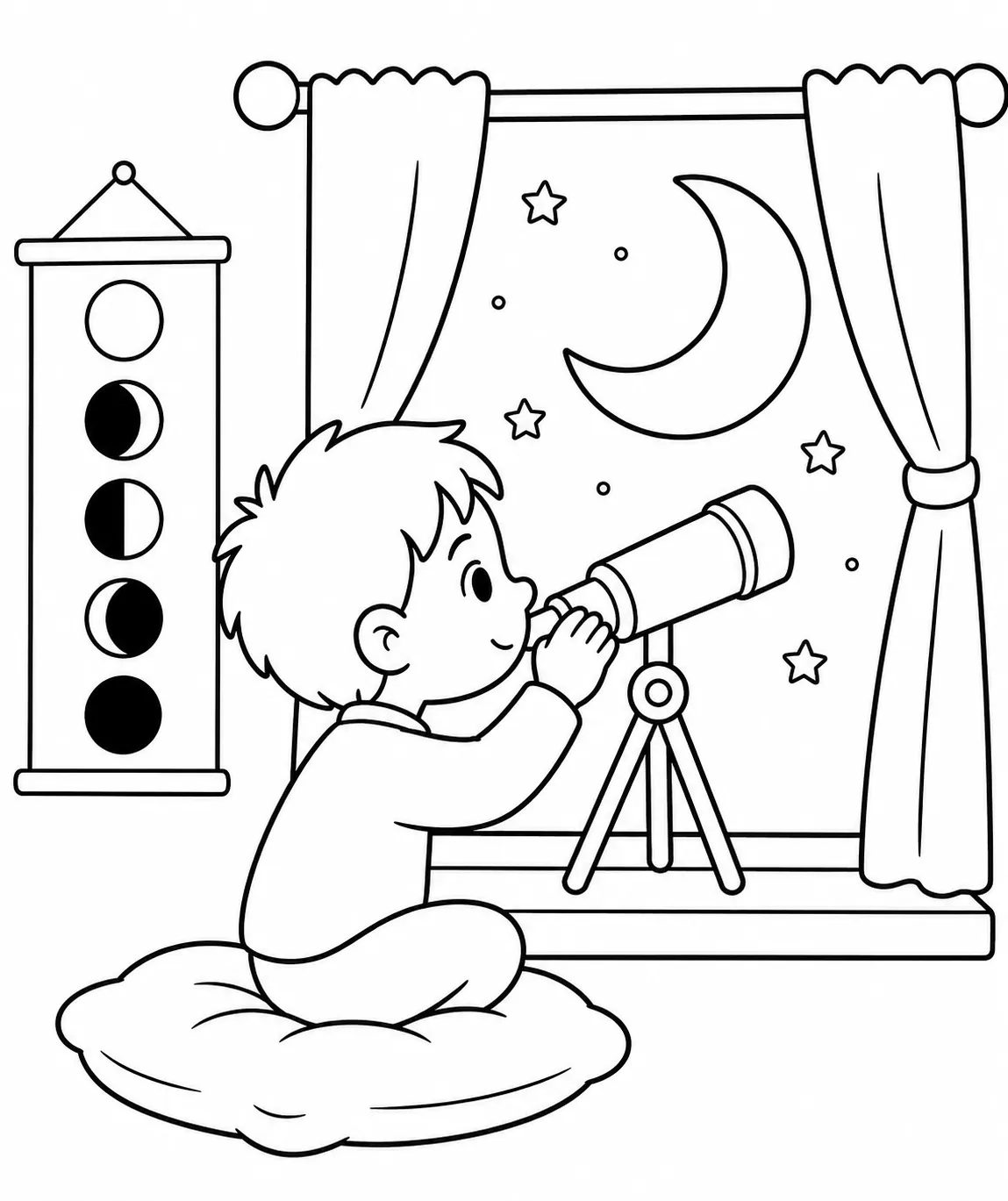 Ausmalseite: Kind schaut nachts am Fenster durch Kinderfernrohr auf Sichelmond, Mondphasen-Poster an der Wand