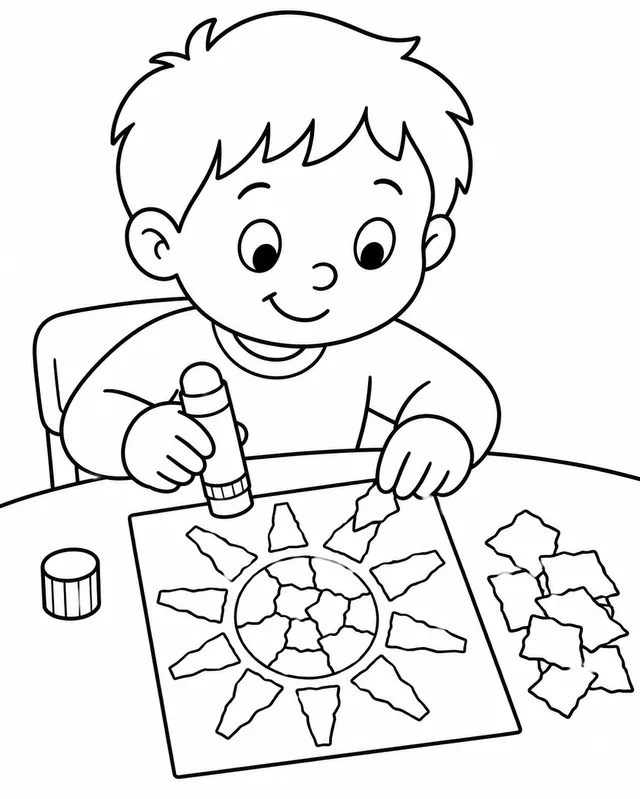 Kind klebt buntes Mosaik aus Papierschnipseln