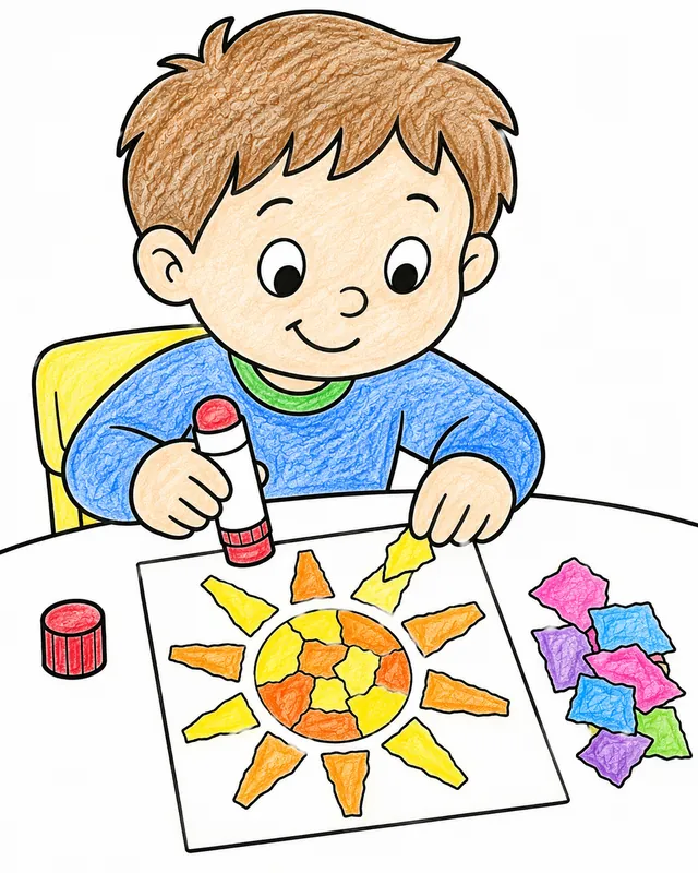 Ausmalbild: Kind klebt bunte Papierschnipsel zu Mosaik-Sonnenbild am Basteltisch