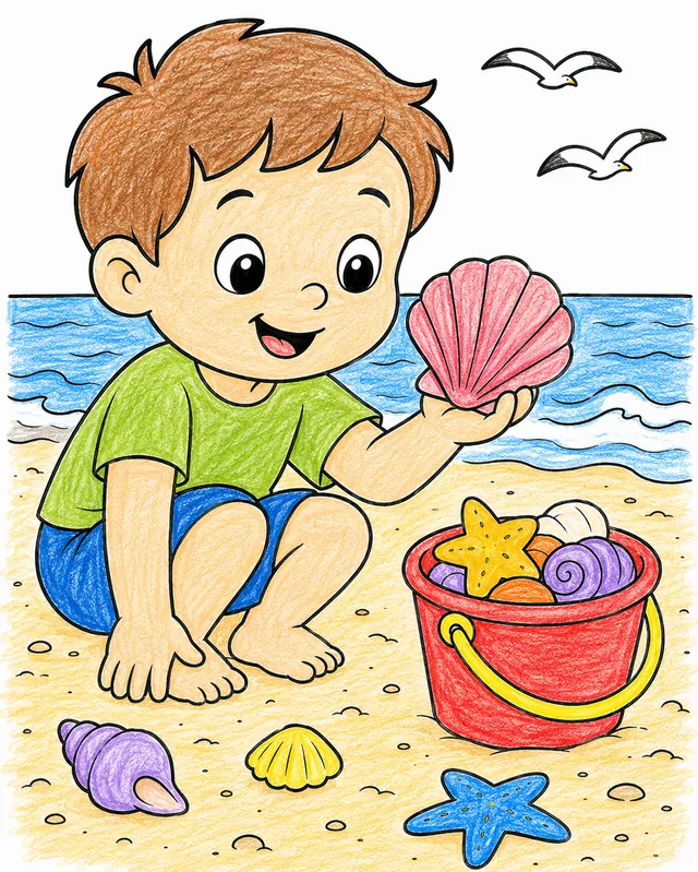 孩子在海滩上检查彩色贝壳，旁边有装满贝壳的小桶