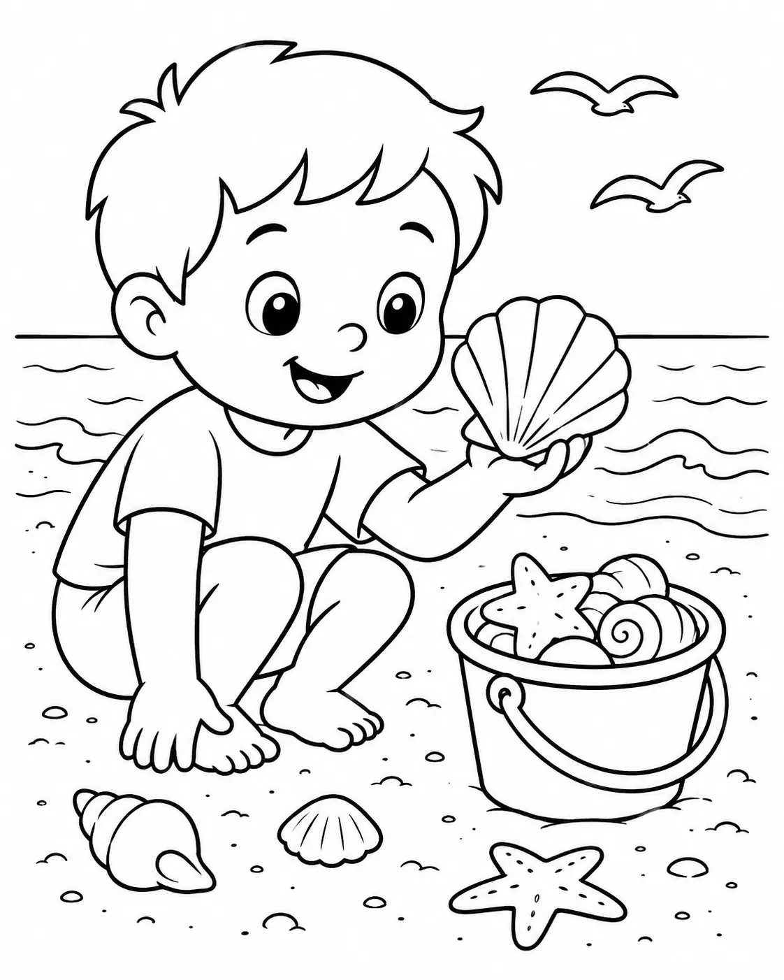 Kind am Strand untersucht bunte Muschel mit Eimerchen voller Muscheln daneben