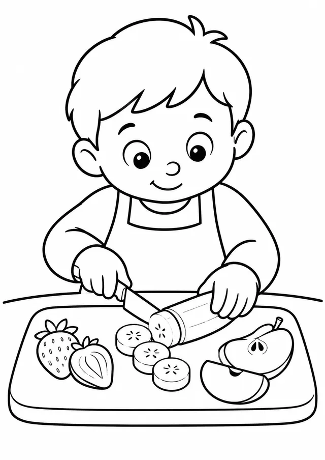 Kind schneidet Obst mit Kinderbesteck