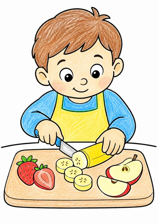 Ausmalseite: Kind mit kindersicherem Messer schneidet Obst auf Schneidebrett