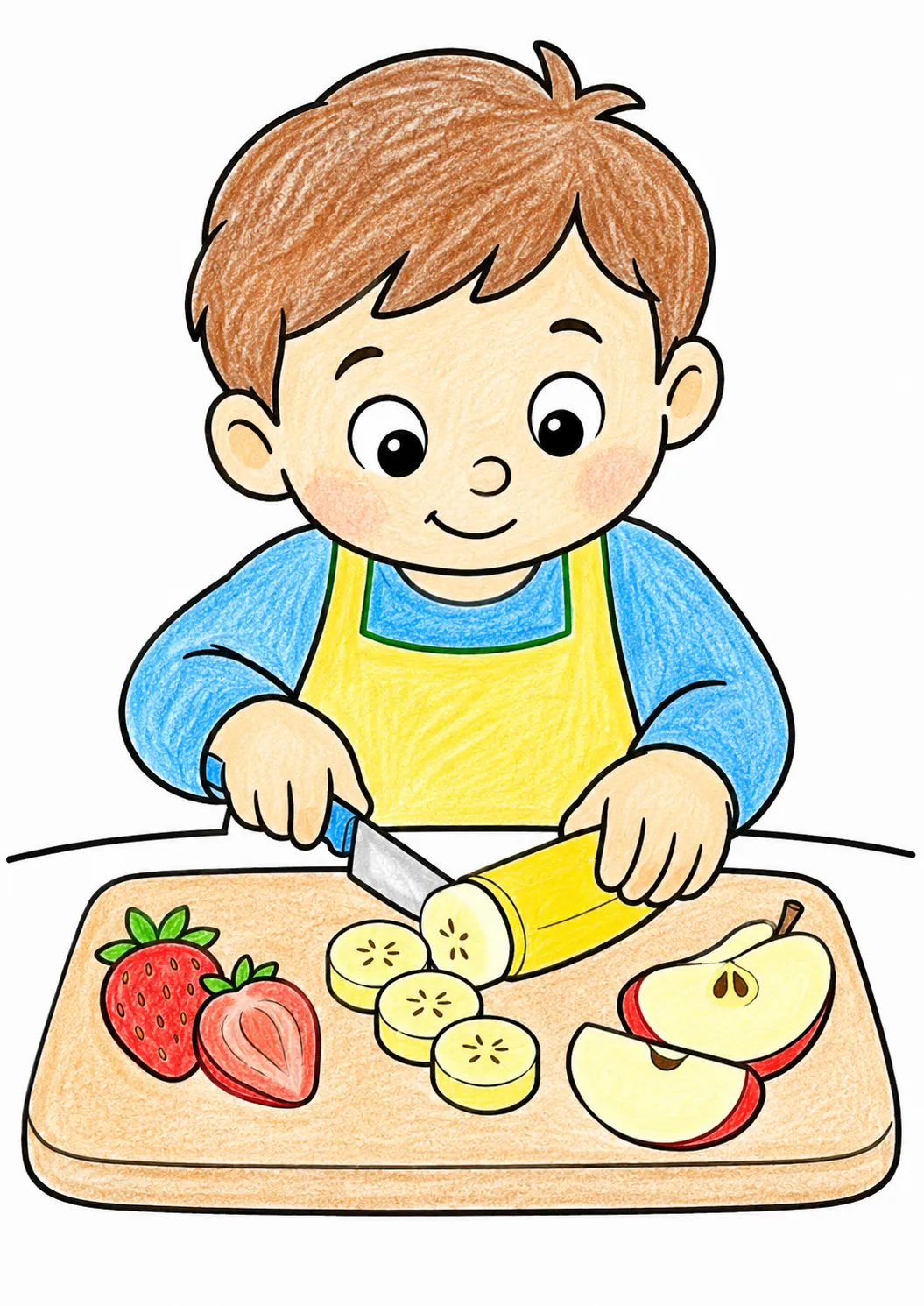 孩子用儿童餐具切水果