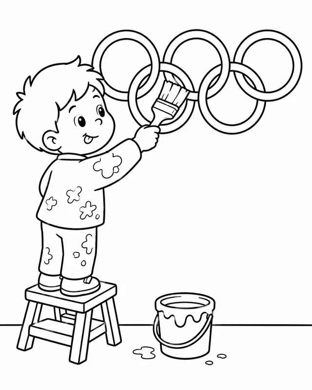 孩子用画笔在白墙上画五个奥运五环
