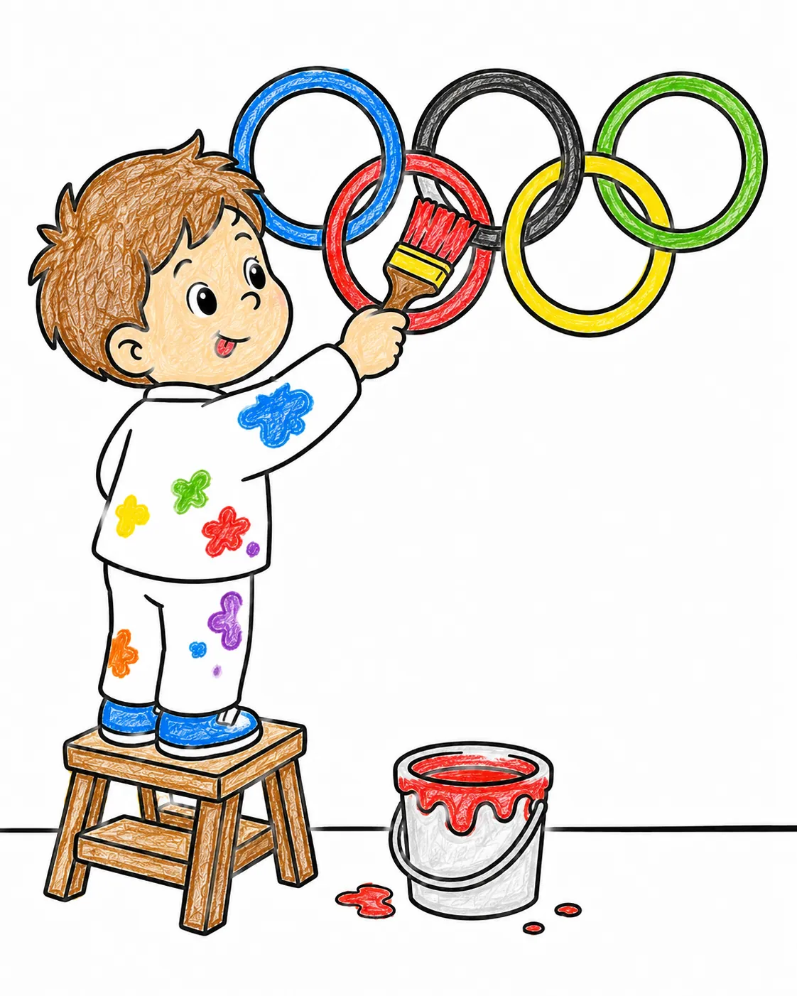 Kind malt die fünf olympischen Ringe mit Pinsel an eine weiße Wand