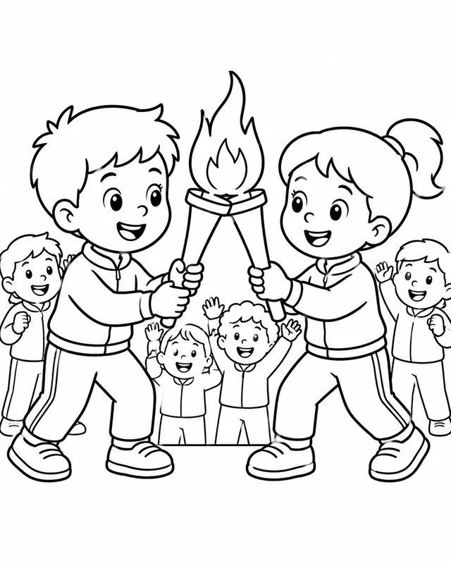 Kind hält feierlich eine kleine Olympia-Fackel und gibt die Flamme weiter