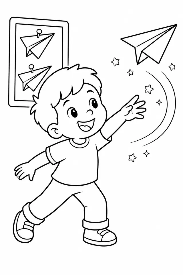 孩子折纸飞机并把它放飞