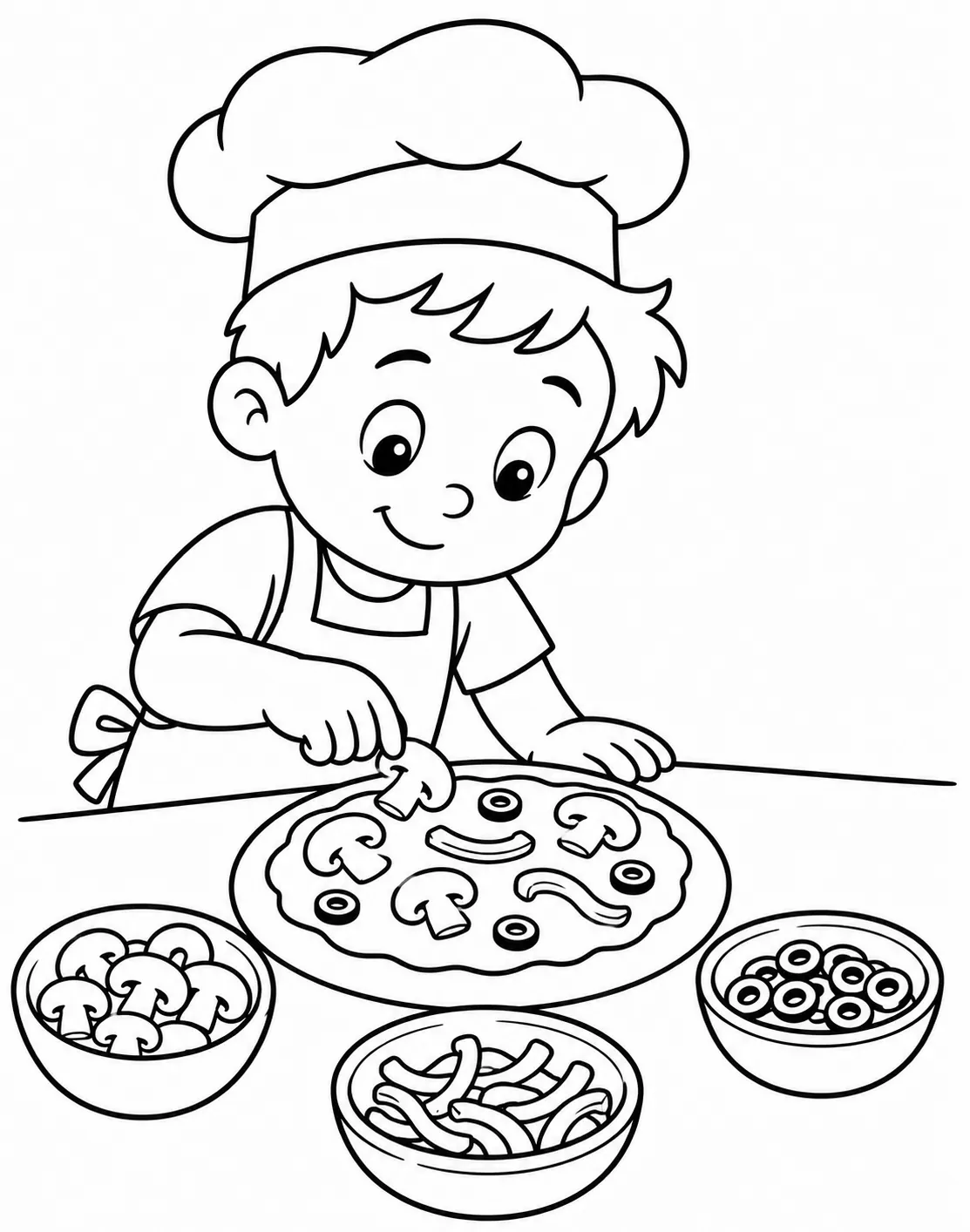 Ausmalseite: Kind mit Kochmütze belegt runde Pizza mit Pilzen, Paprika und Oliven