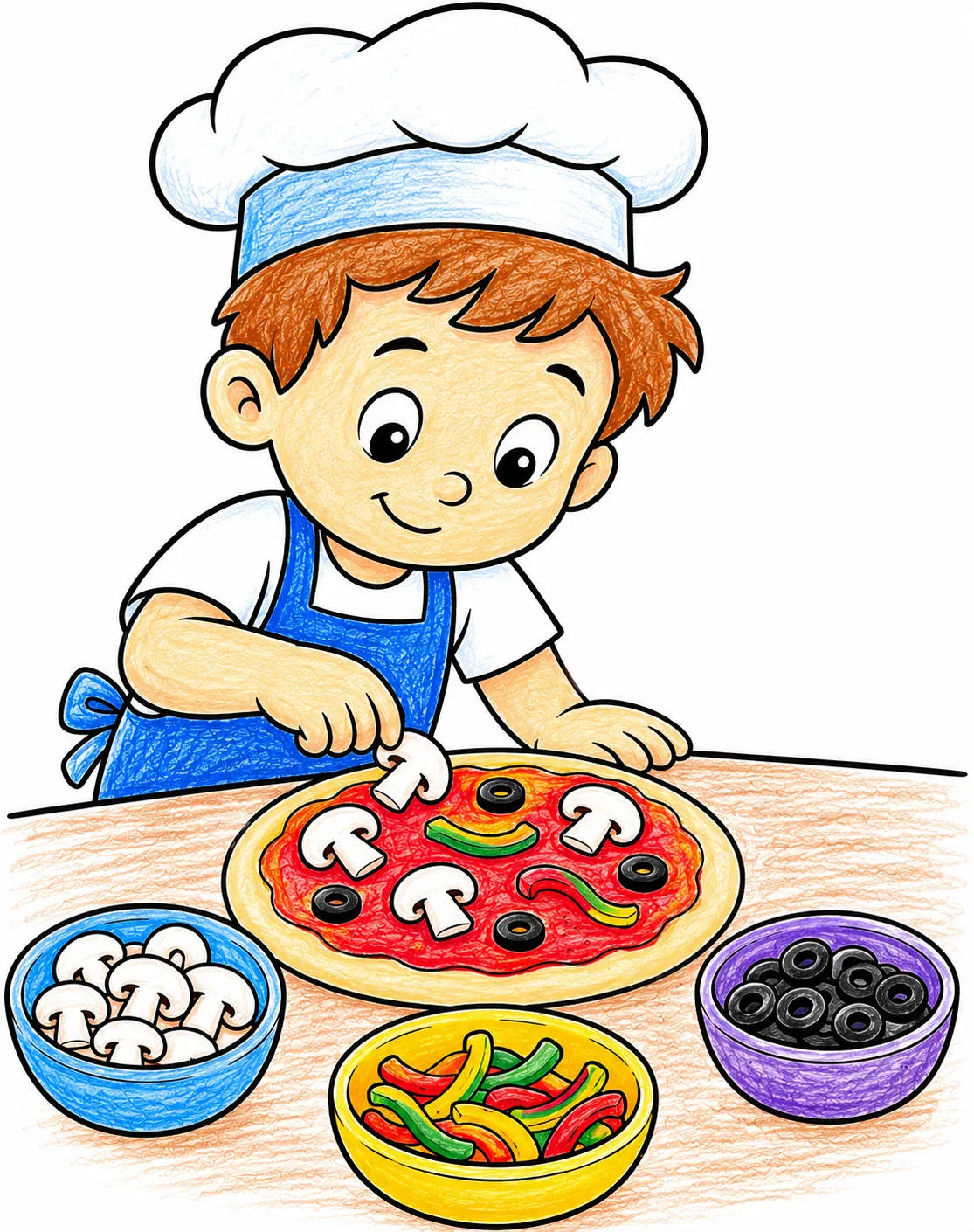 Kind belegt kleine Pizza mit Zutaten