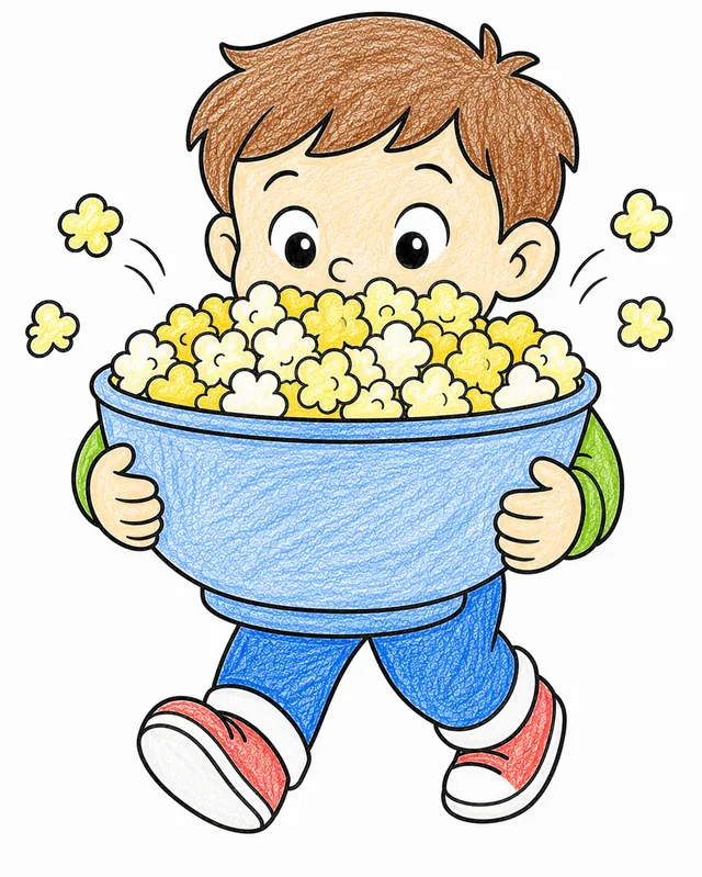 Ausmalseite: Kind balanciert eine überfüllte Schüssel Popcorn mit fliegenden Körnern